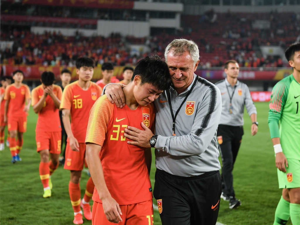 【赛场瞬间】国青队员谢场失落 久尔杰维奇暖心鼓励